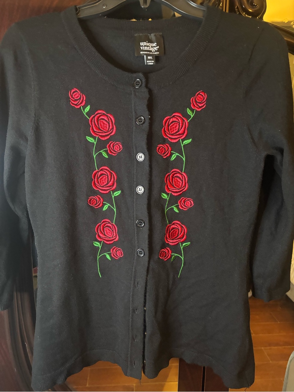 Unique Vintage Black Cardigan with Red Rose Embroidery